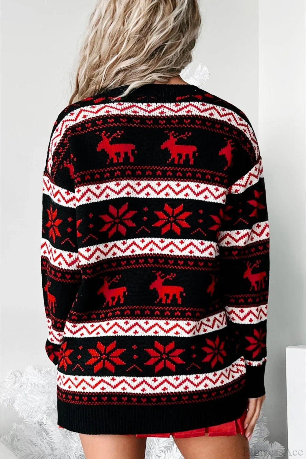 V Neck Elk Jacquard Color Block Knit Sweater