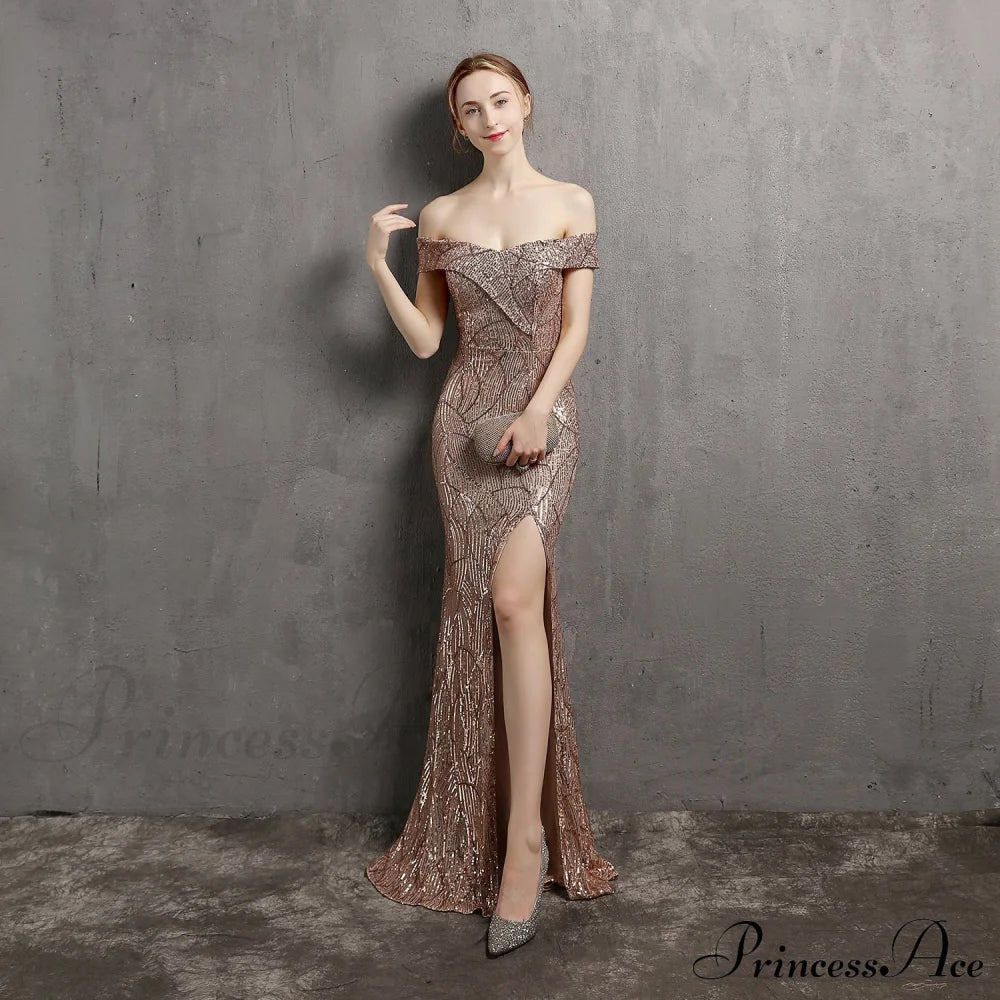 Clara Glitter Off the Graceful Shoulder Split Dress For Prom