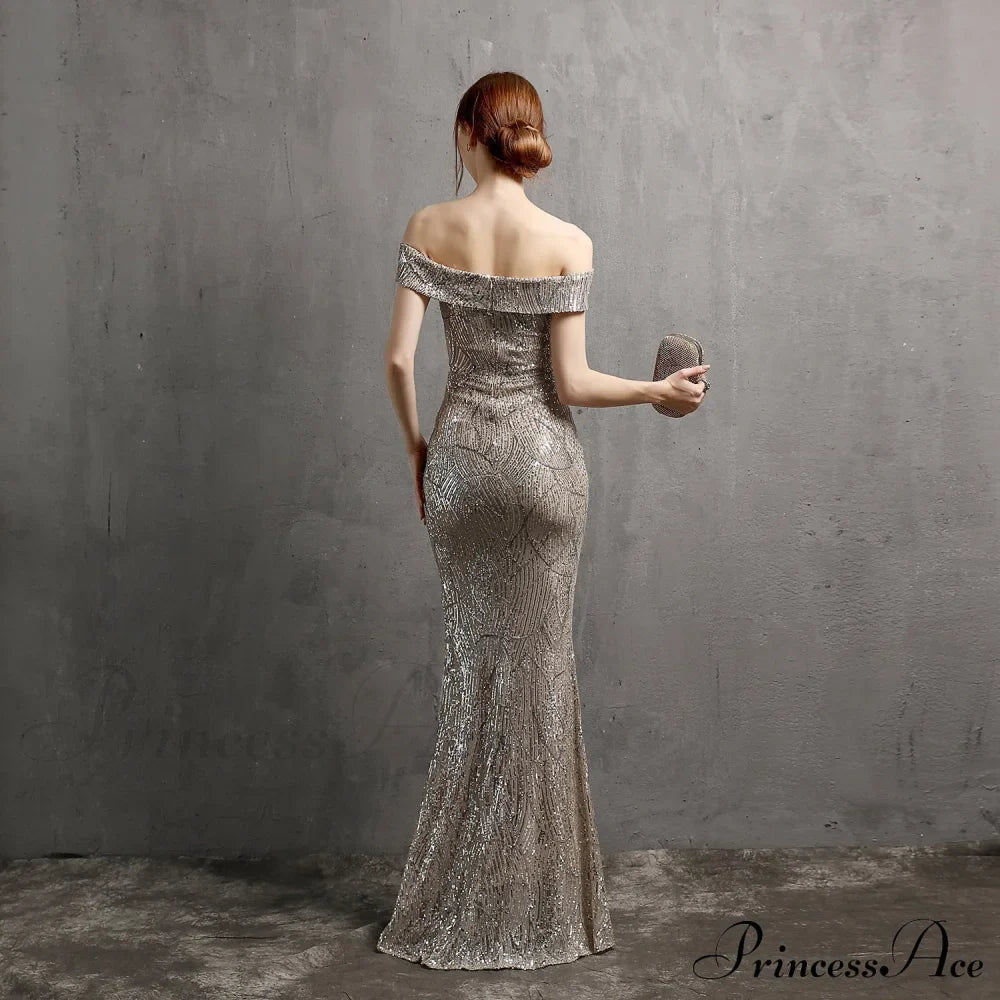 Clara Glitter Off the Graceful Shoulder Split Dress For Prom