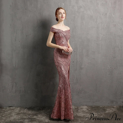 Clara Glitter Off the Graceful Shoulder Split Dress For Prom