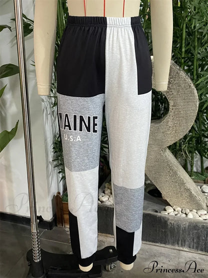 Color Block Jogger Letter Patchwork Print Knitting Casual Slant Pocket Pants