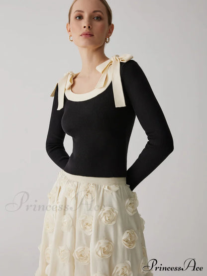 Contrast Bow Crew Trendy Neck Knit Top