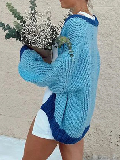 Contrast Color Open Front Loose Knit Cardigan