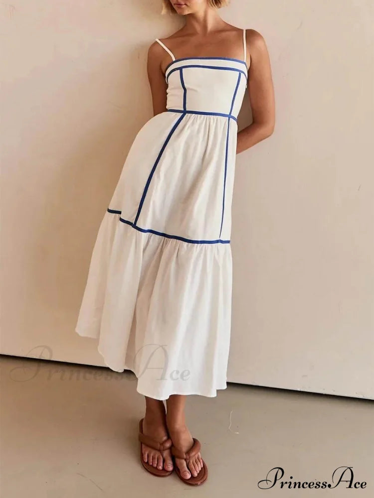 Contrast Color Trim Charming Adjustable Straps Midi Dress