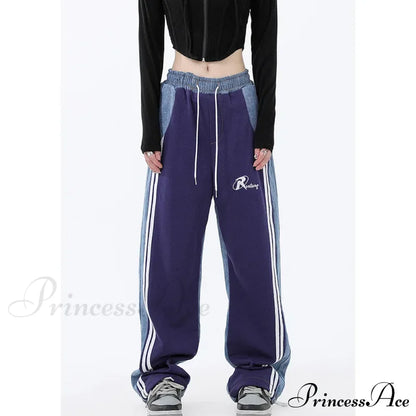 Contrast Color Women High Waist Straight Cropped High Street Drawstring Tie Up Sweatpants Cylinder Lady Wide Leg Jean