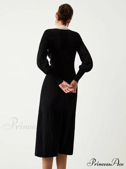Contrast Eyelet Collar Long Modern Sleeve Midi Sweater Dress