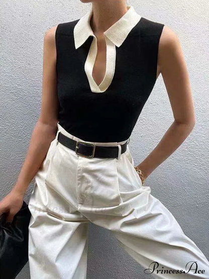 Contrast Trim Collar Trendy V-neck Knit Sweater Vest