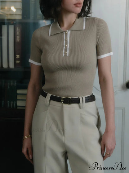 Contrast Trim Metal Trendy Button Knit Top