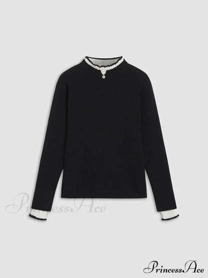 Contrast Trim Mock Trendy Neck Knit Top