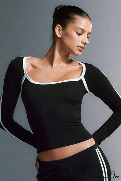 Contrast Trim Square Neck Long Sleeve Tee