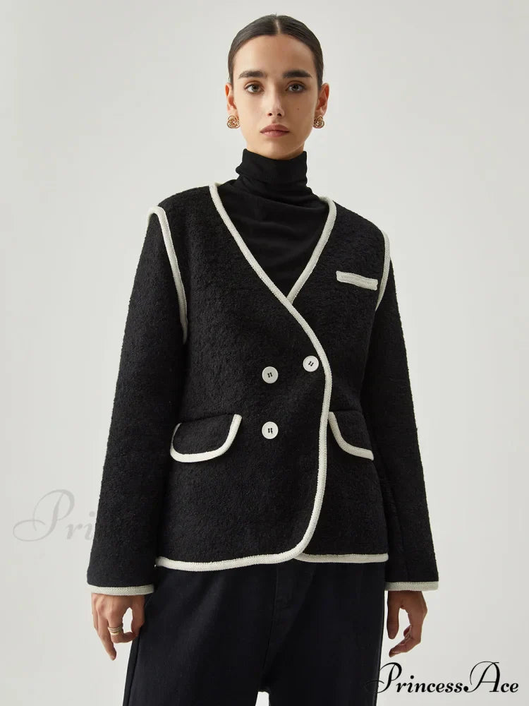 Contrast Trim Tweed Trendy Button Detail Wool Coat