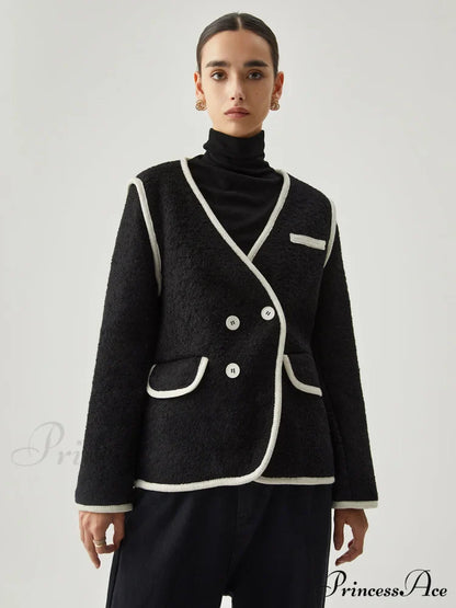 Contrast Trim Tweed Trendy Button Detail Wool Coat