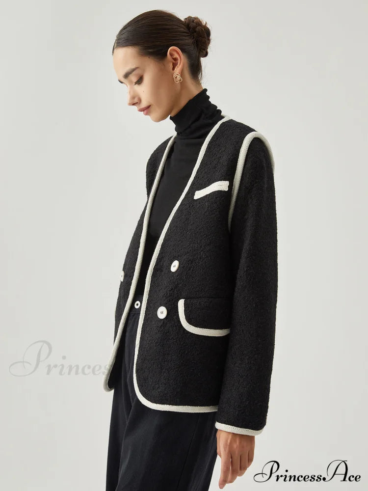 Contrast Trim Tweed Trendy Button Detail Wool Coat
