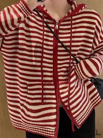 Contrasting Colors Striped Hooded Zipper Cardigan