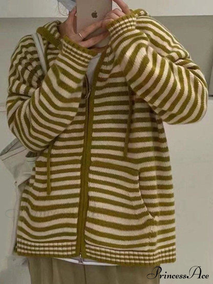 Contrasting Colors Striped Hooded Zipper Cardigan