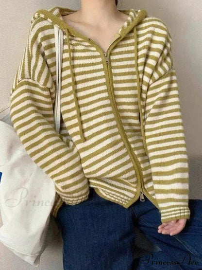 Contrasting Colors Striped Hooded Zipper Cardigan