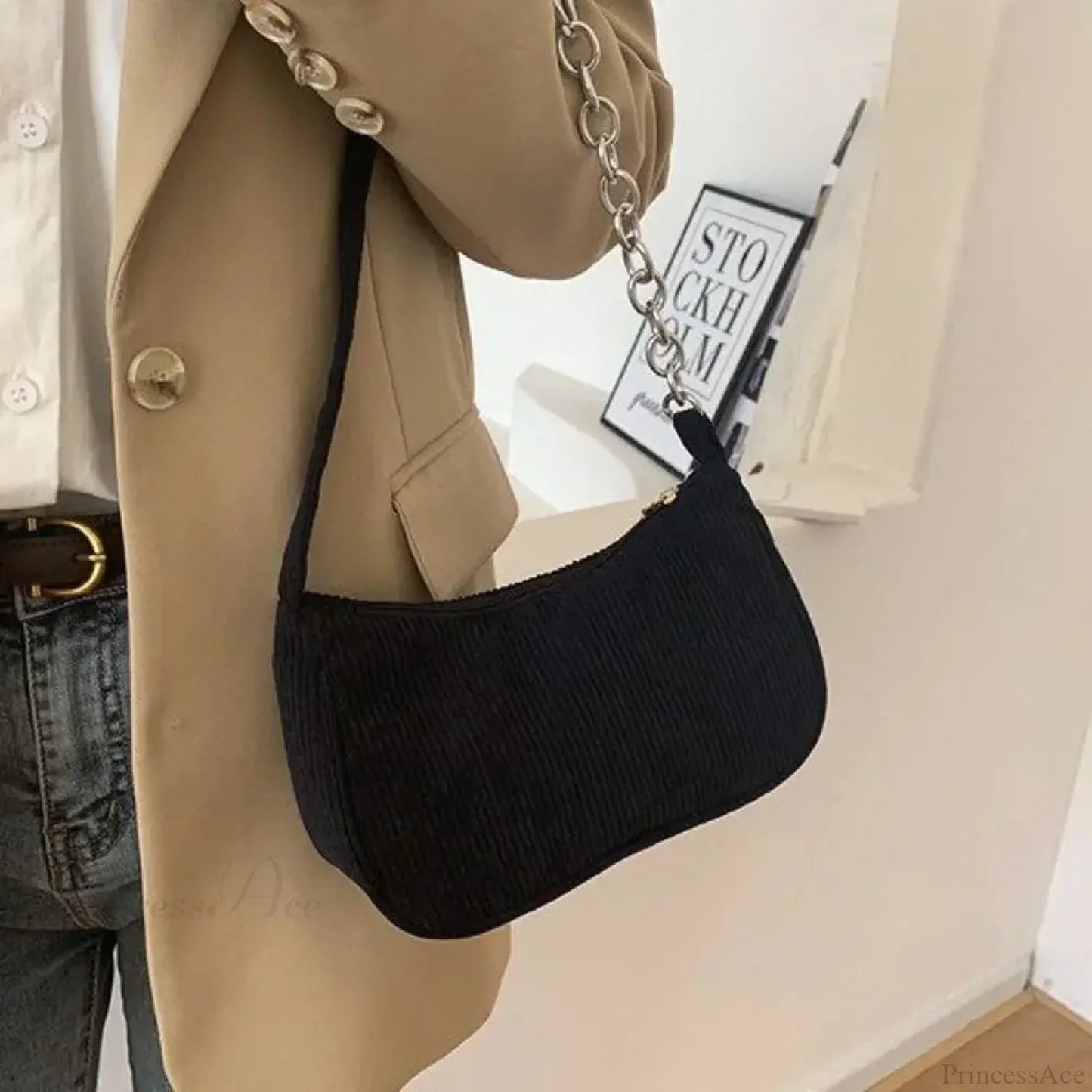 Corduroy Zipper Underarm Shoulder Handbag