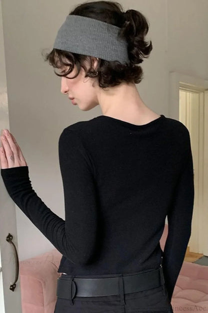 Cotton Cropped Faux Two-Piece Slim Long Sleeve Tee