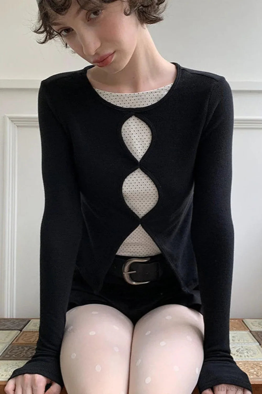 Cotton Cropped Faux Two-Piece Slim Long Sleeve Tee