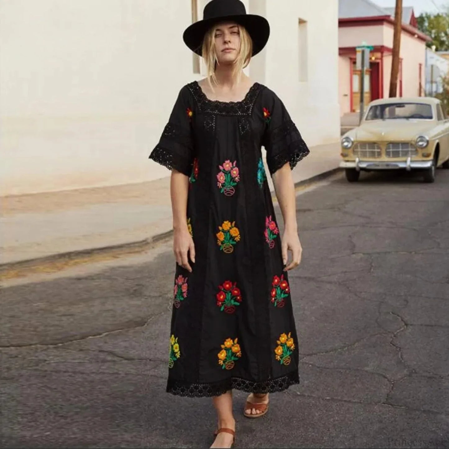 Cotton Floral Embroidery Boho Dress