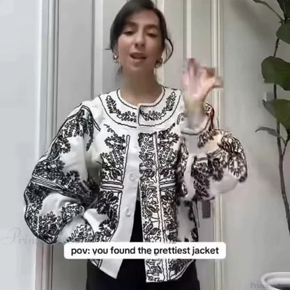 Cotton Floral Embroidery Lantern Sleeve Boho Jacket
