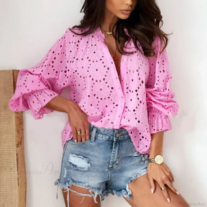 Cotton Floral Embroidery V-Neck Long Sleeve Boho Blouse