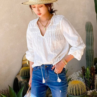 Cotton Floral Embroidery White Lace V-Neck Boho Blouse