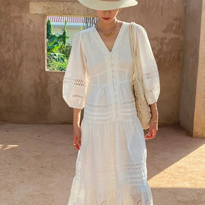 Cotton Floral V-neck Slim Summer Boho Dress