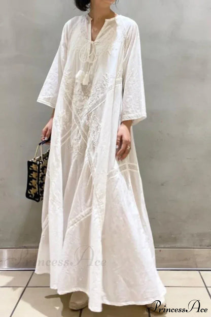 Cotton Linen Beach White V Neck Embroidered Boho Dress