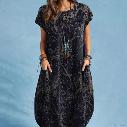 Cotton Linen Loose O-neck Floral Dress