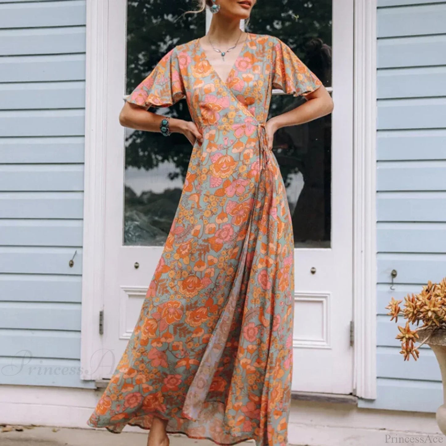 Cotton Orange Floral Boho Dress