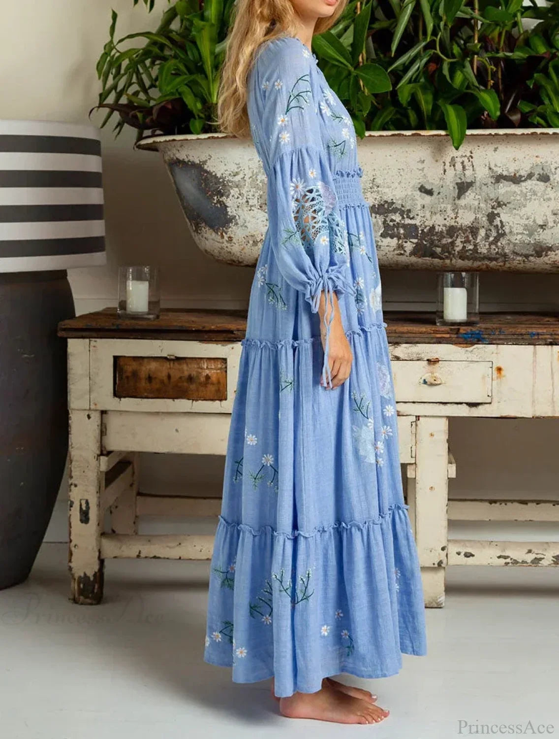Cotton Rayon Blue Floral Embroidery Boho Dress