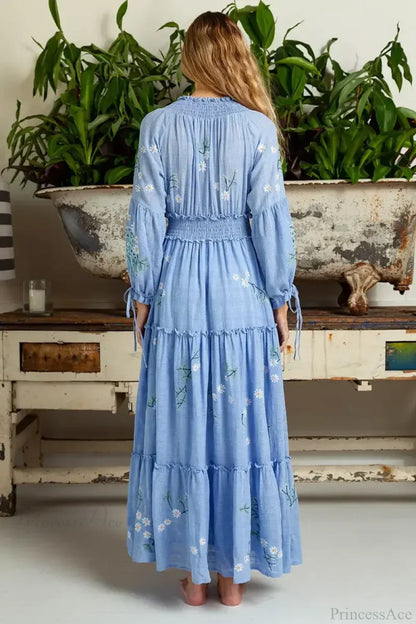 Cotton Rayon Blue Floral Embroidery Boho Dress