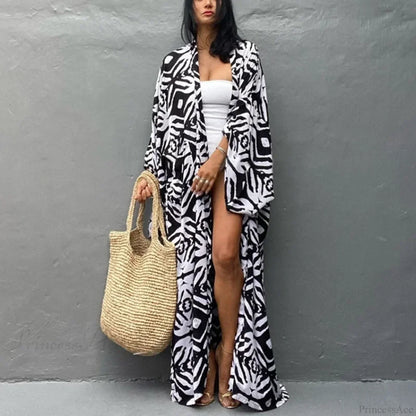 Cotton Rayon Printed Self Belted Maxi Boho Cover up