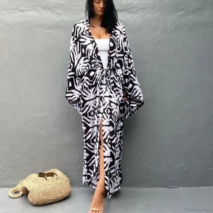 Cotton Rayon Printed Self Belted Maxi Boho Cover up