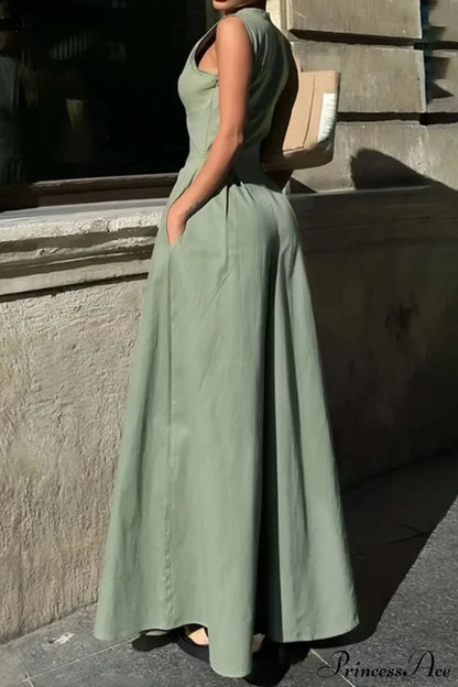 Cotton Zippered Sleeveless Pocket Maxi Dress