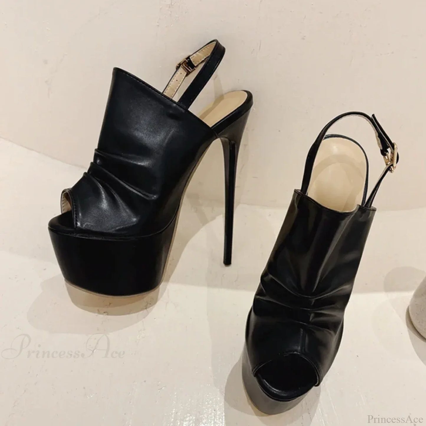 Cozy Pleated Leather Super-High Platform Nightclub Party Peep-Toe Black Sexy High Heel