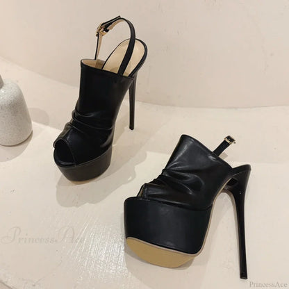 Cozy Pleated Leather Super-High Platform Nightclub Party Peep-Toe Black Sexy High Heel