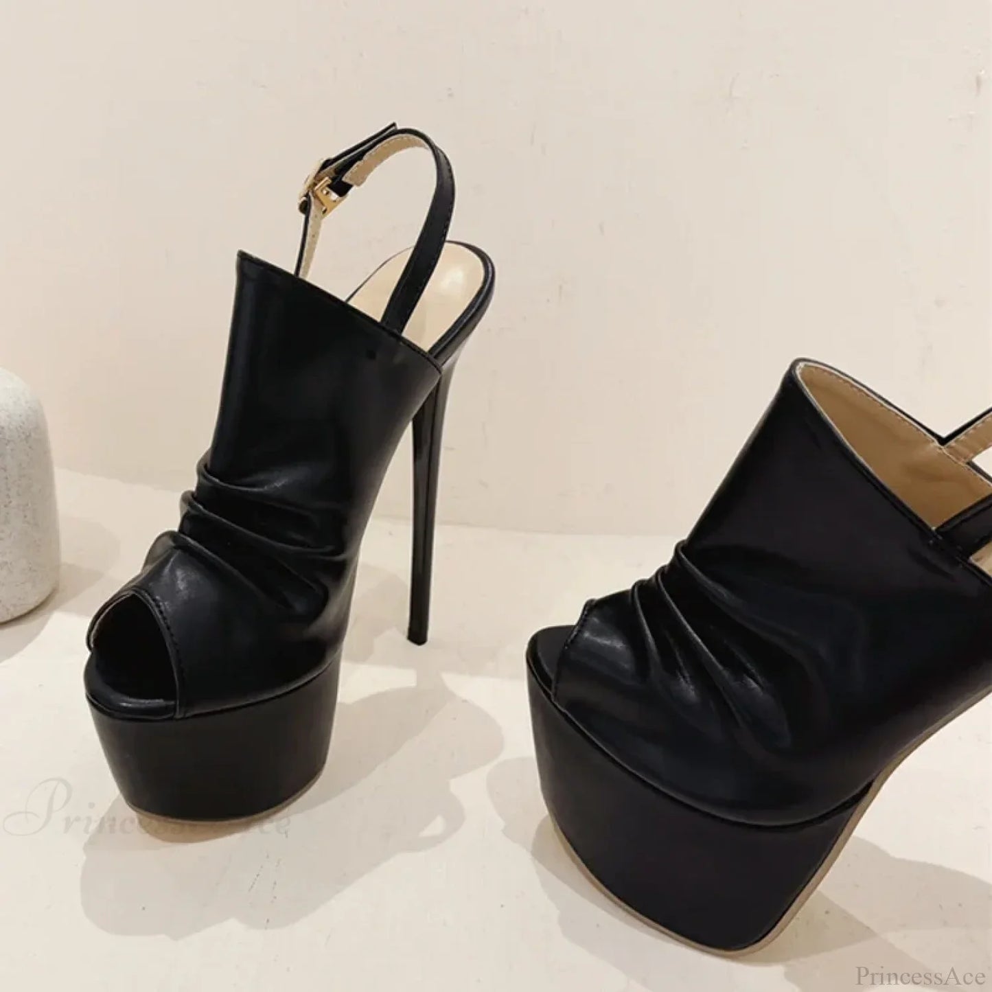 Cozy Pleated Leather Super-High Platform Nightclub Party Peep-Toe Black Sexy High Heel