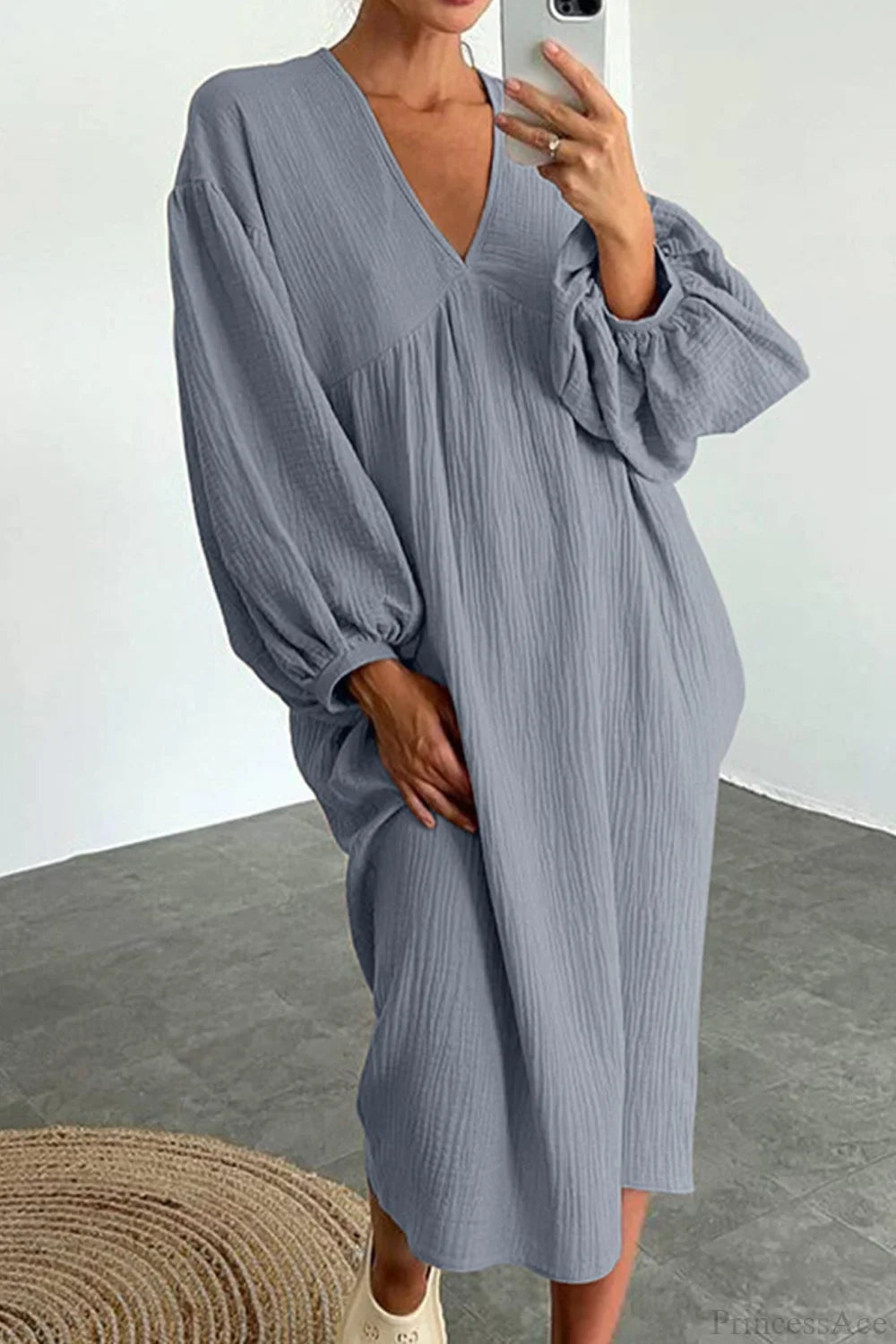 Crepe V Neck Puff Sleeve Loose Dress