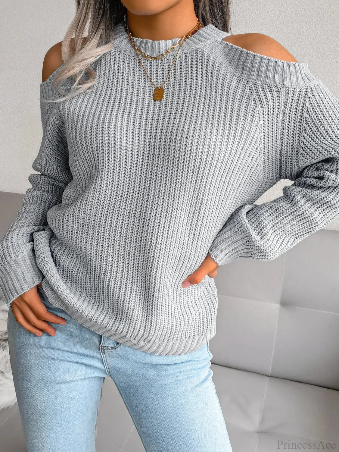 Crew Neck Off Shoulder Long Sleeve Sweater