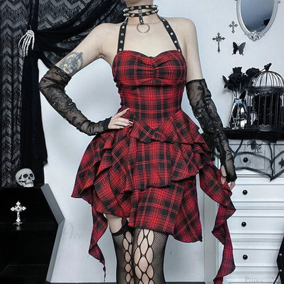 Crimson Tartan Halter Short Dress