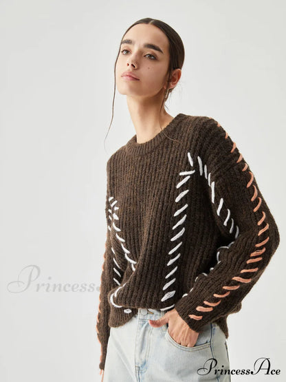 Crocheted Contrast Trim Trendy Ribbed Knit Sweater