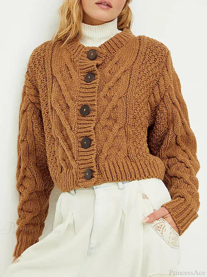 Cropped Cable Knit Button-Down Cardigan