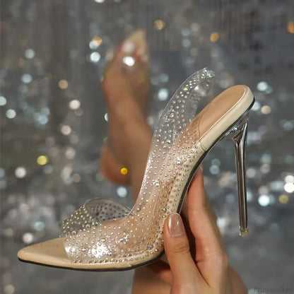 Crystal Rhinestone Transparent Pvc Women Pumps Stilettos High Heels Pointed-Toe Wedding Party High Heel