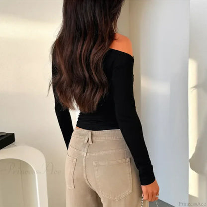 Custom Design Casual Boat Neck Off Shoulder Slim Crop Knit Top