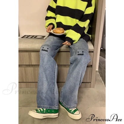 Cute Emoji Face Wide Leg Personalized Jeans
