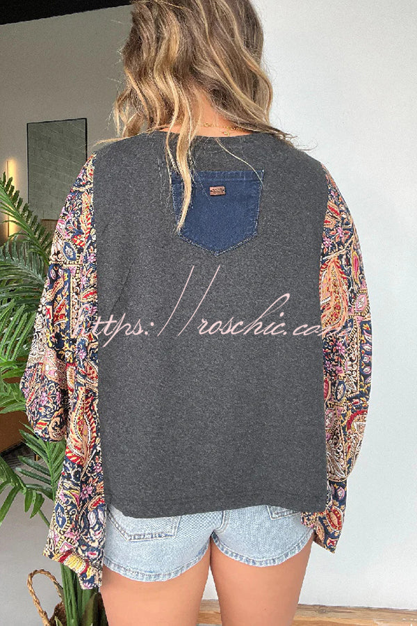 Unique Ethnic Print Batwing Sleeve Loose Top