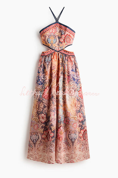Casie Colorful Floral Print Dress Cutout Waist Back Lace-up Halter Maxi Dress