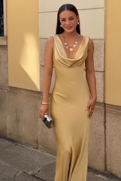 Draped Neck Backless Waist Cinch Elegant  Formal Dress